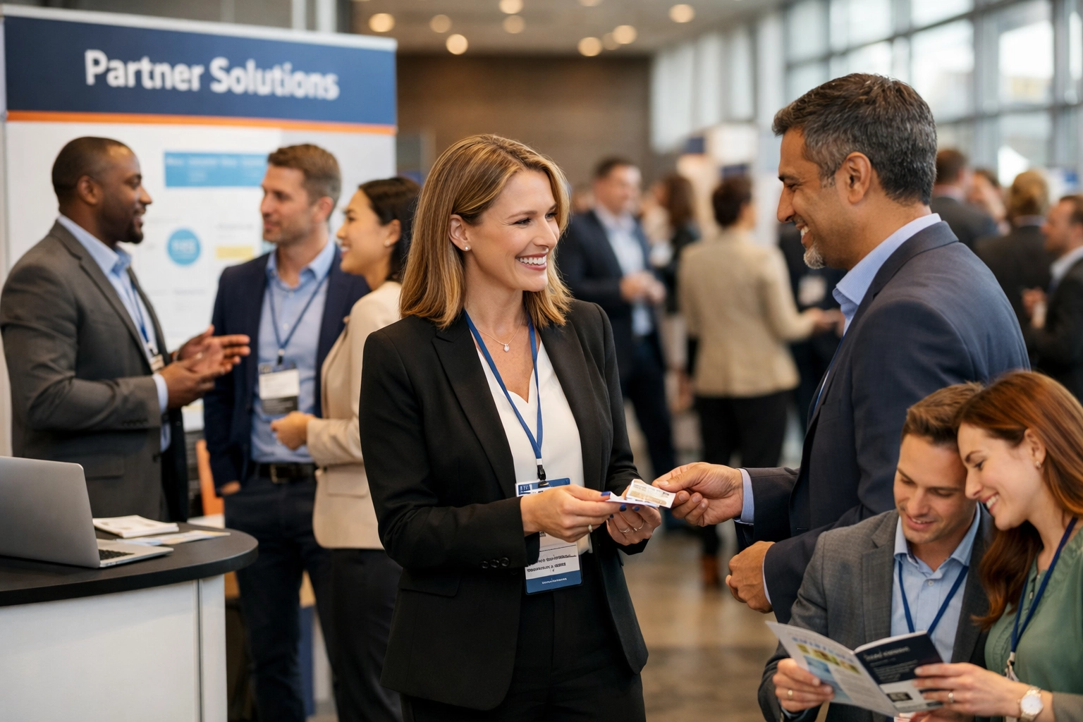 Profissionais de negócios fazendo networking em conferência, trocando cartões e discutindo parcerias