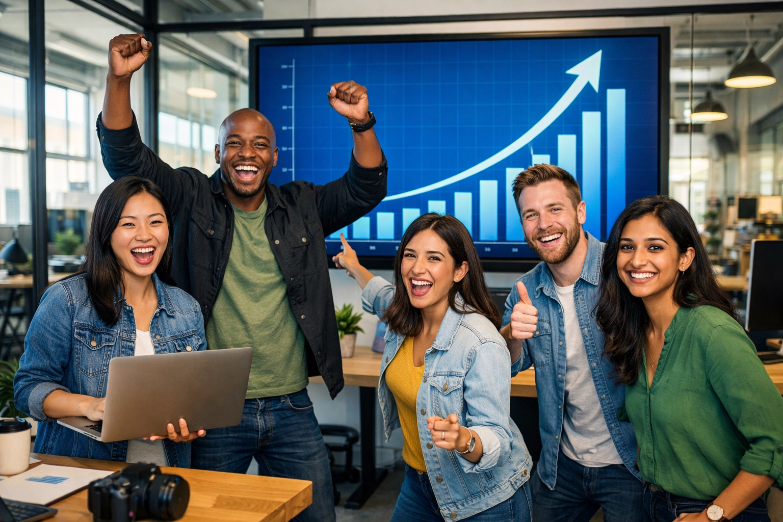 Equipe diversa de startup tech celebrando sucesso com gráfico de crescimento ascendente exibido em tela ao fundo