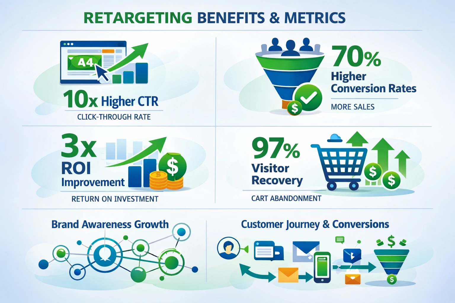 Infográfico mostrando benefícios do retargeting e métricas como taxas de conversão e ROI