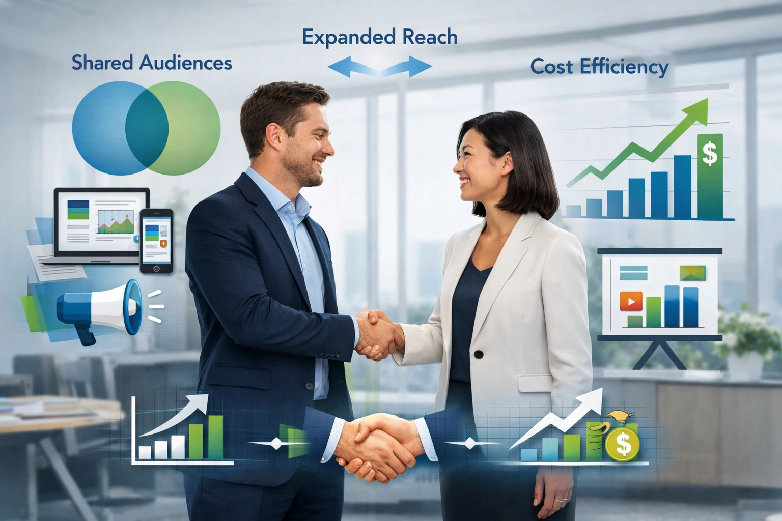 Visualização de parceria de co-marketing mostrando públicos compartilhados e alcance ampliado