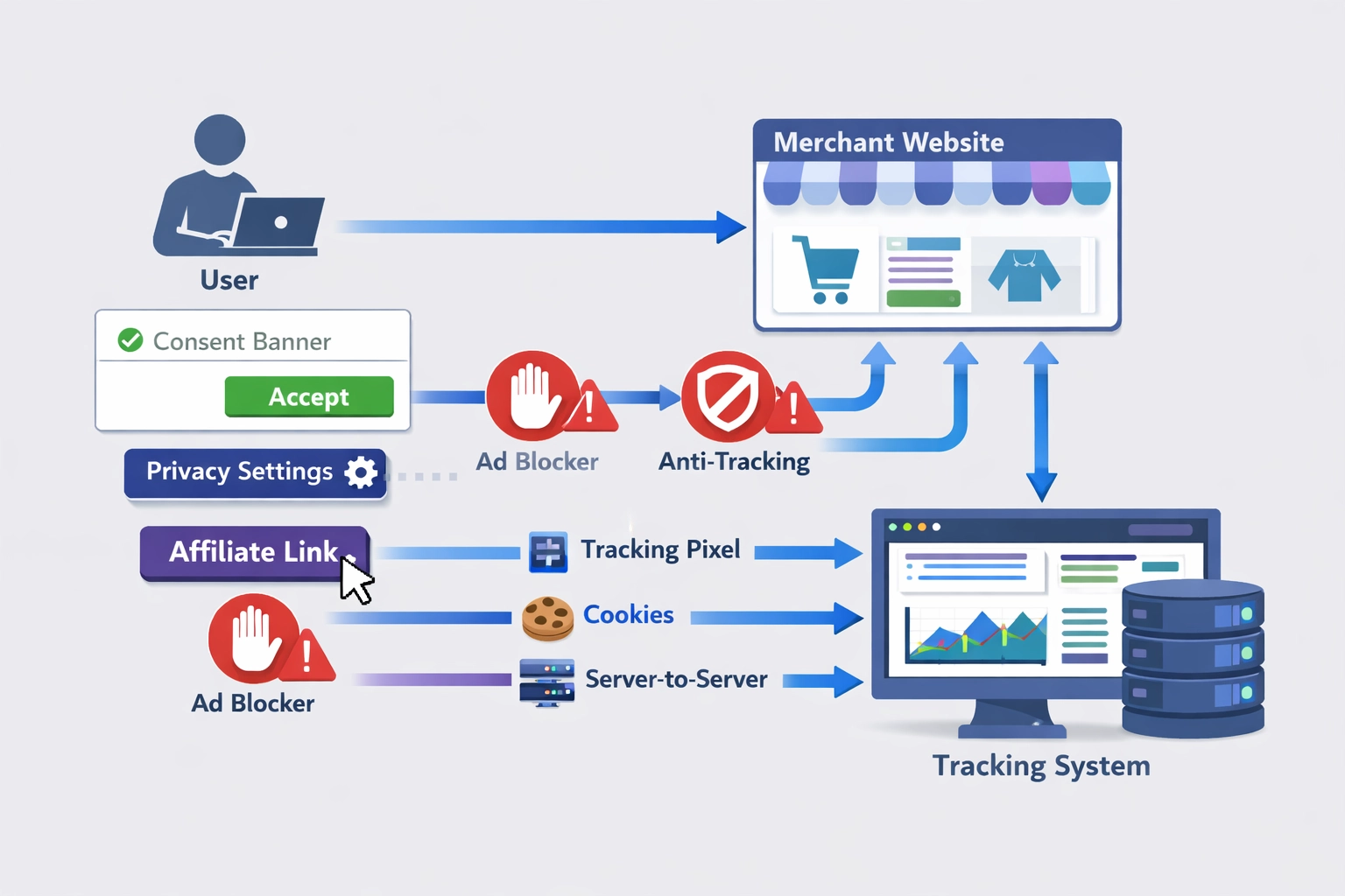 Affiliate tracking infrastructure and data flow diagram