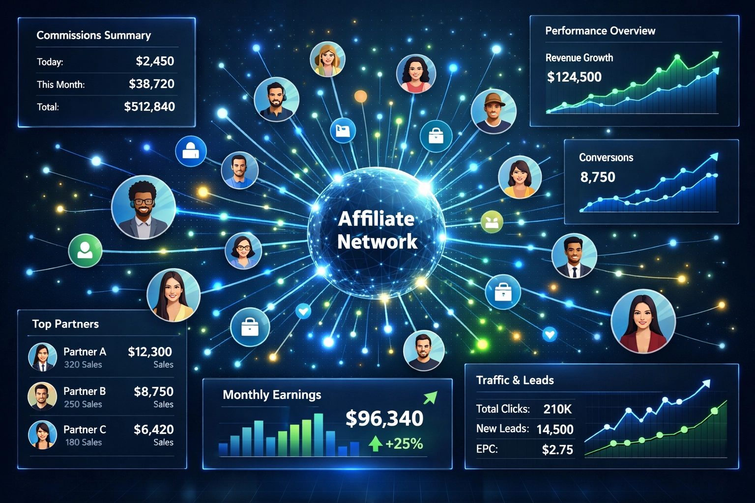 Professional affiliate marketing network dashboard showing partner connections and growth