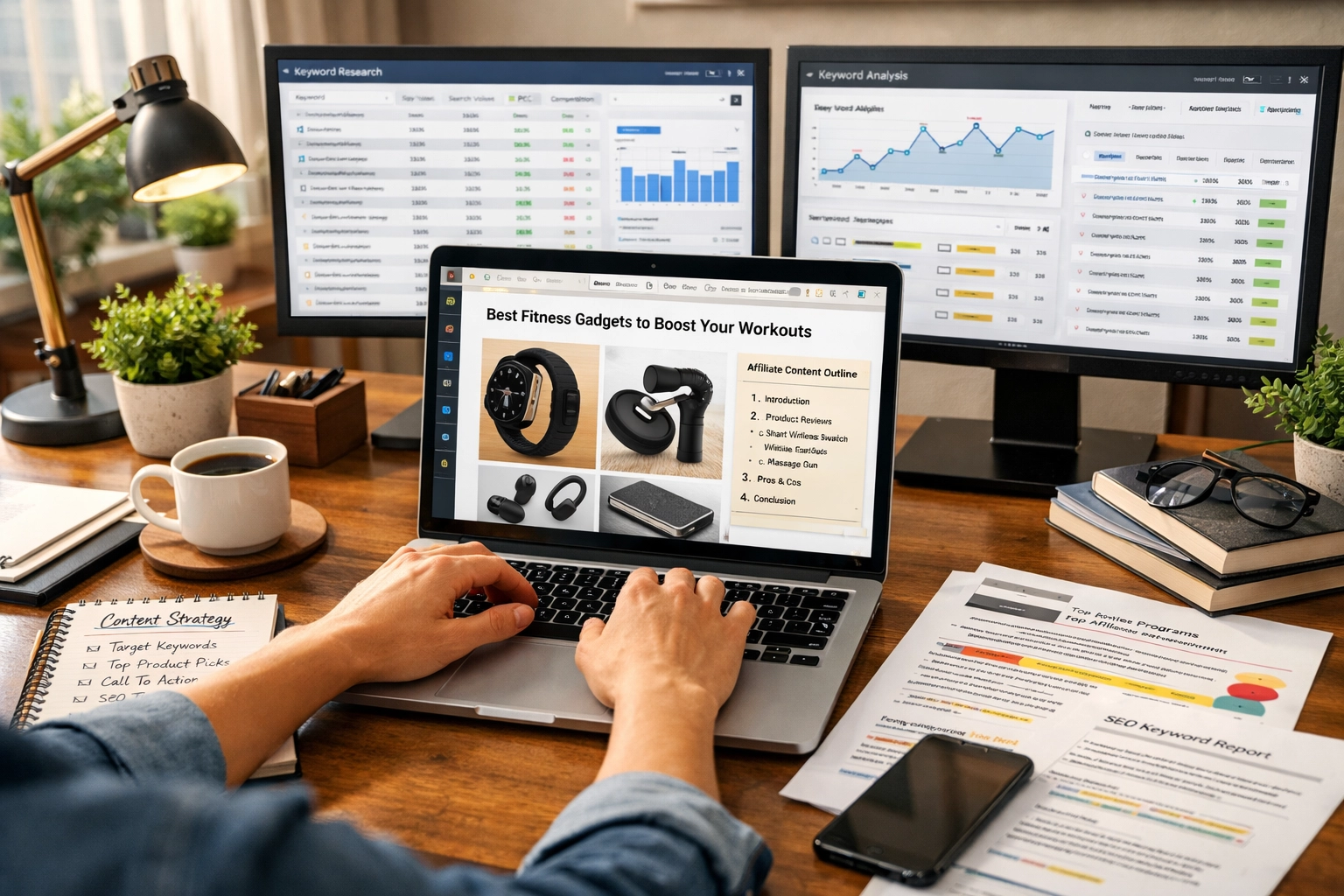 Criador de conteúdo trabalhando em post de afiliados com pesquisa de palavras-chave e análise de produtos