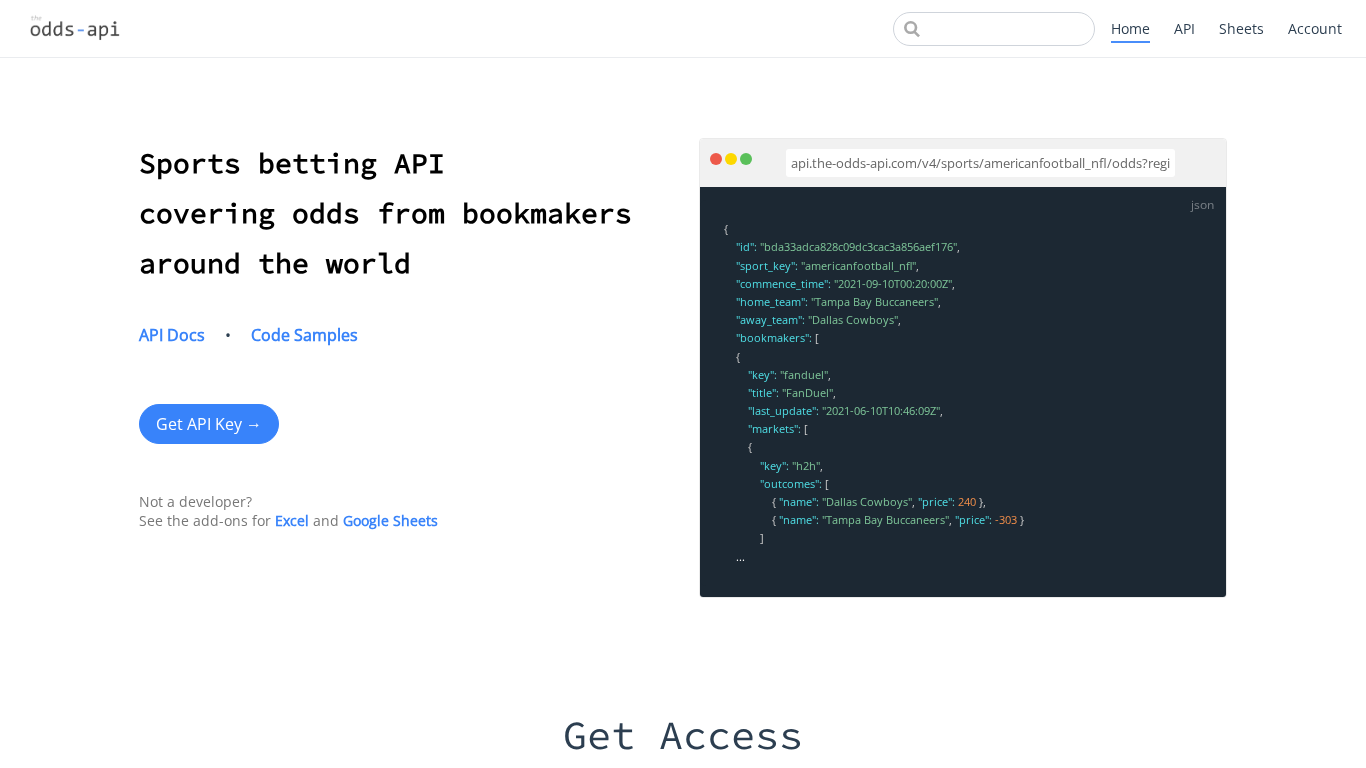 Página inicial do provedor de widget The Odds API