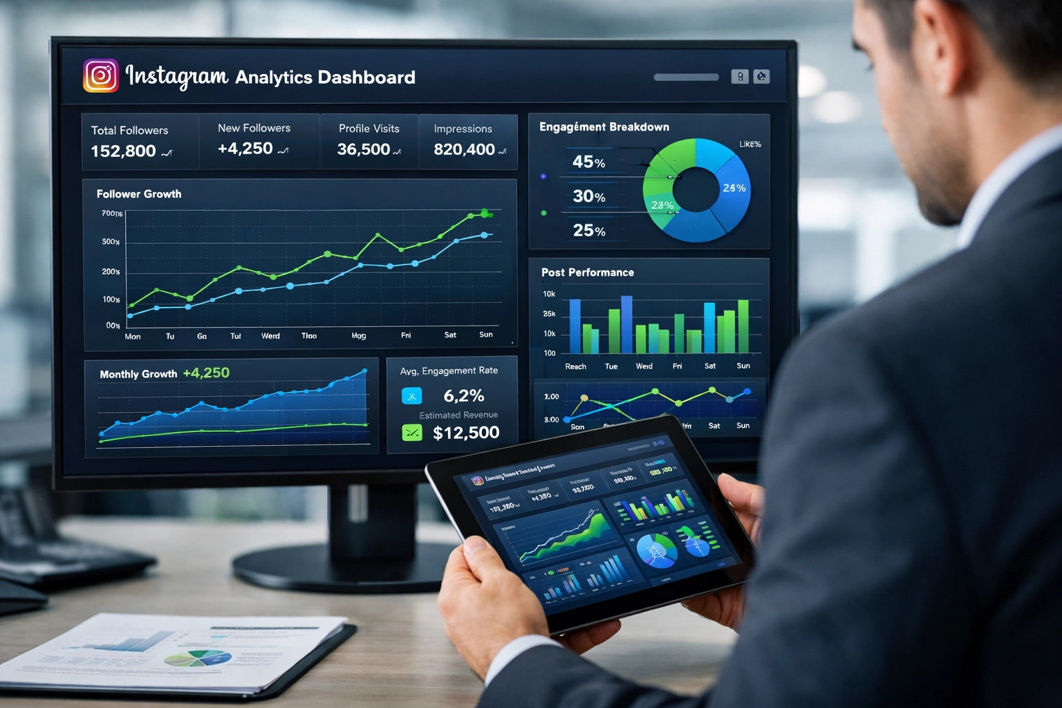 Painel de análise do Instagram mostrando métricas de engajamento e acompanhamento de desempenho