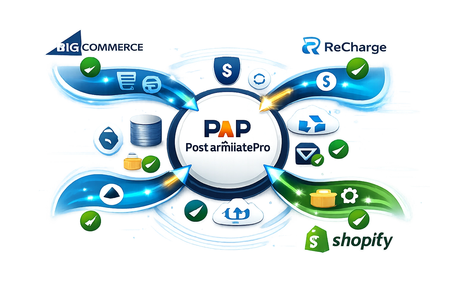 Ecossistema de integração mostrando BigCommerce, ReCharge e Shopify conectados ao PostAffiliatePro