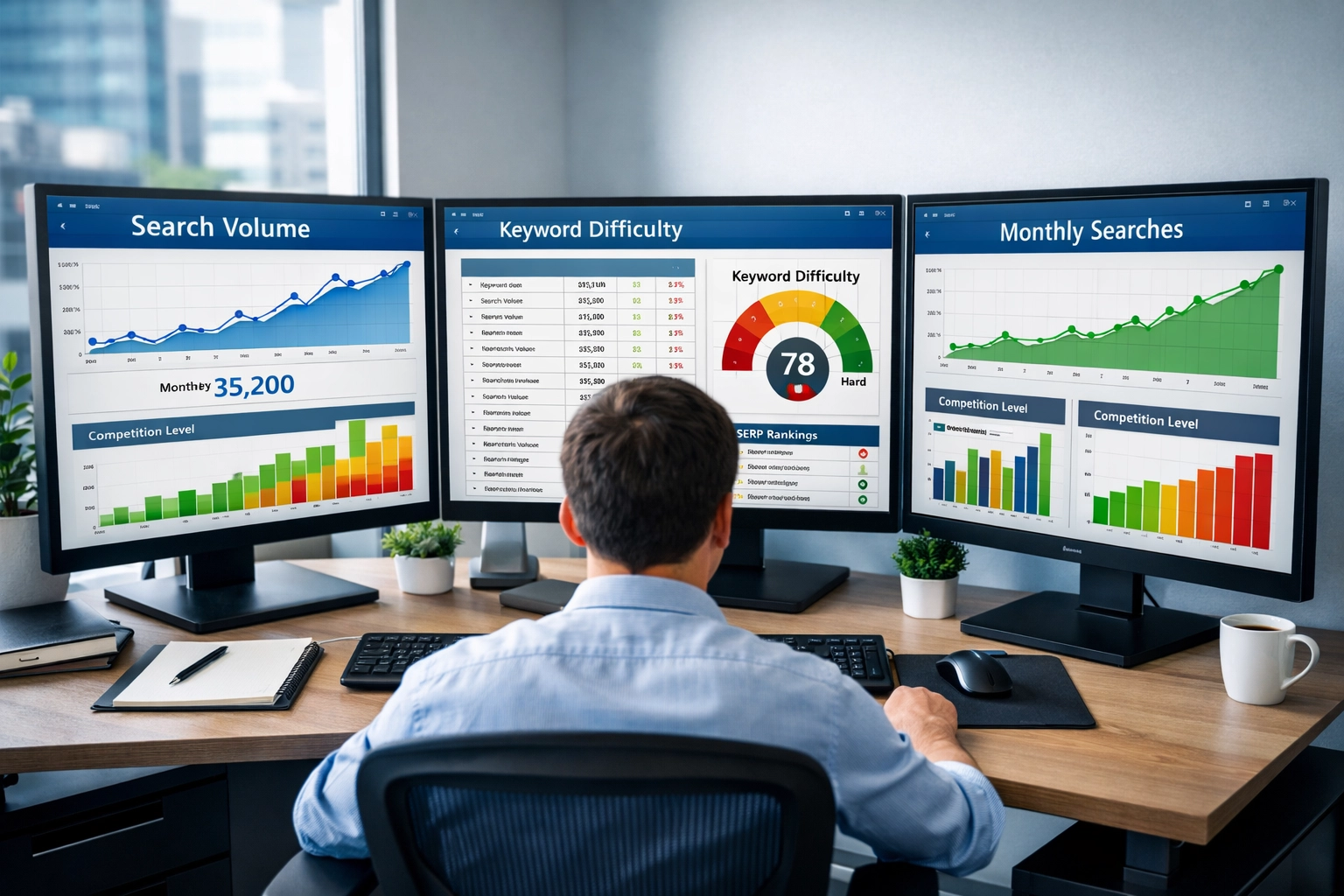 Ambiente profissional mostrando análise de pesquisa de palavras-chave com múltiplos monitores exibindo painéis de análise e dados de busca