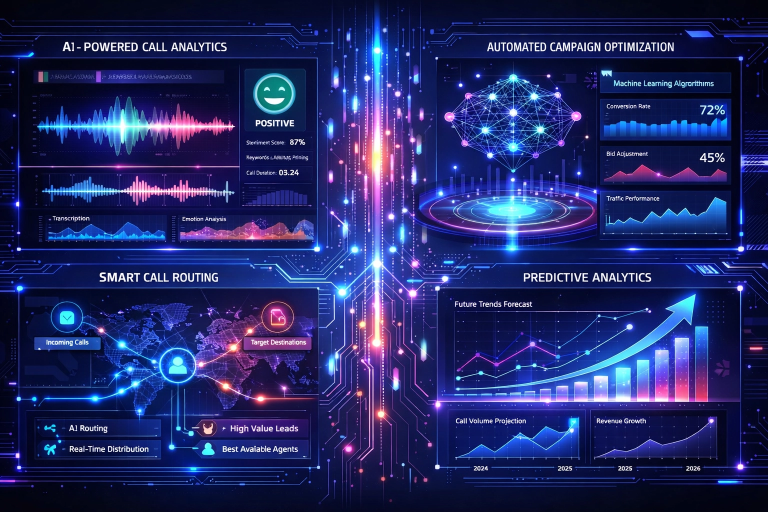 Dashboard de IA e automação em marketing pay per call mostrando análises preditivas e otimização em tempo real