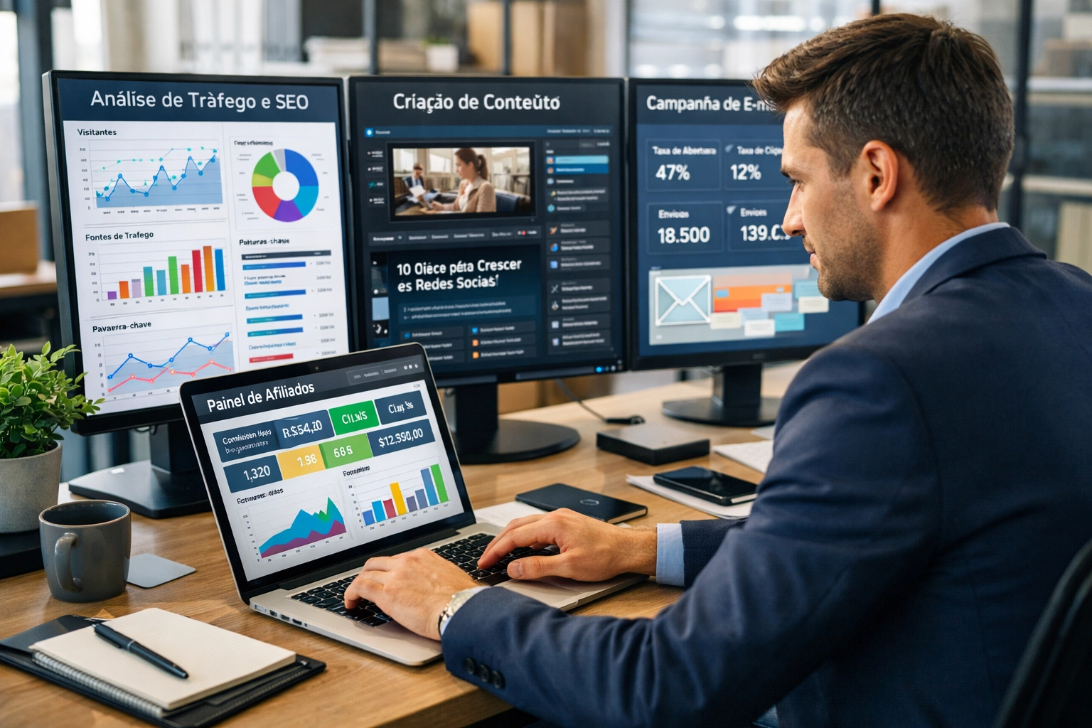 Profissional de marketing digital desenvolvendo estratégia de afiliados com vários painéis de análise