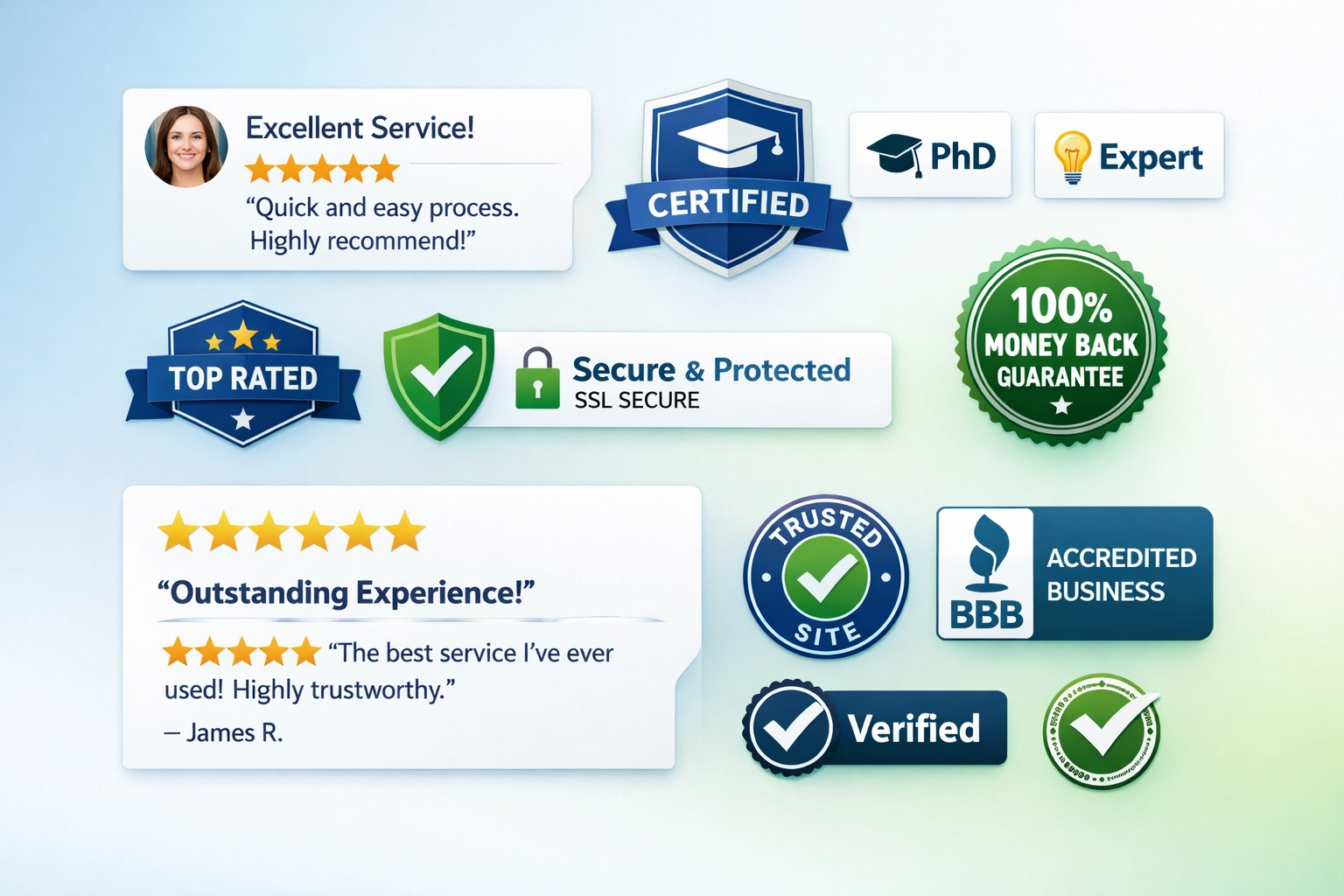 Credibility elements including testimonials, certifications, and trust indicators