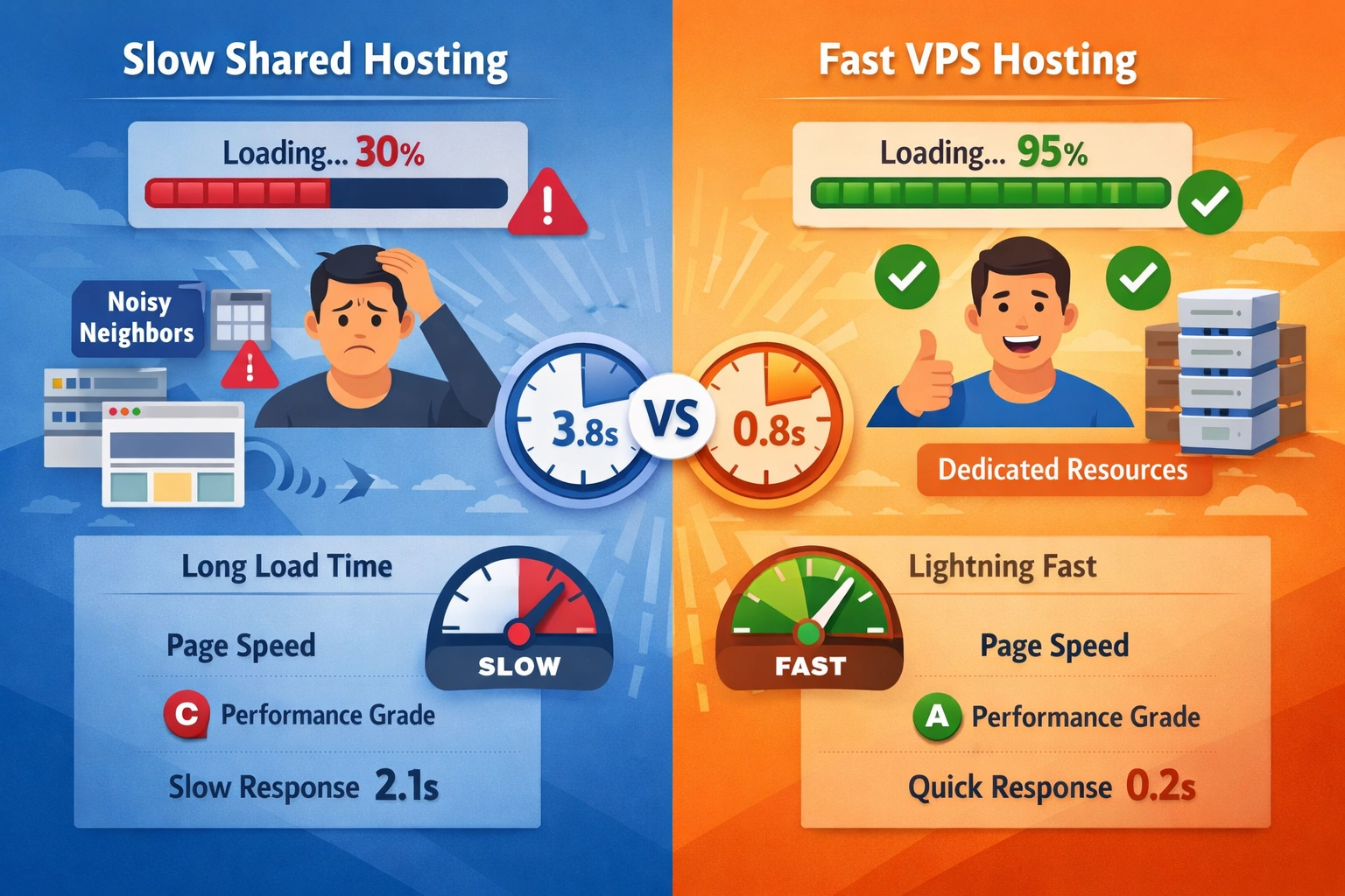 Comparação de desempenho mostrando hospedagem compartilhada lenta vs hospedagem VPS rápida