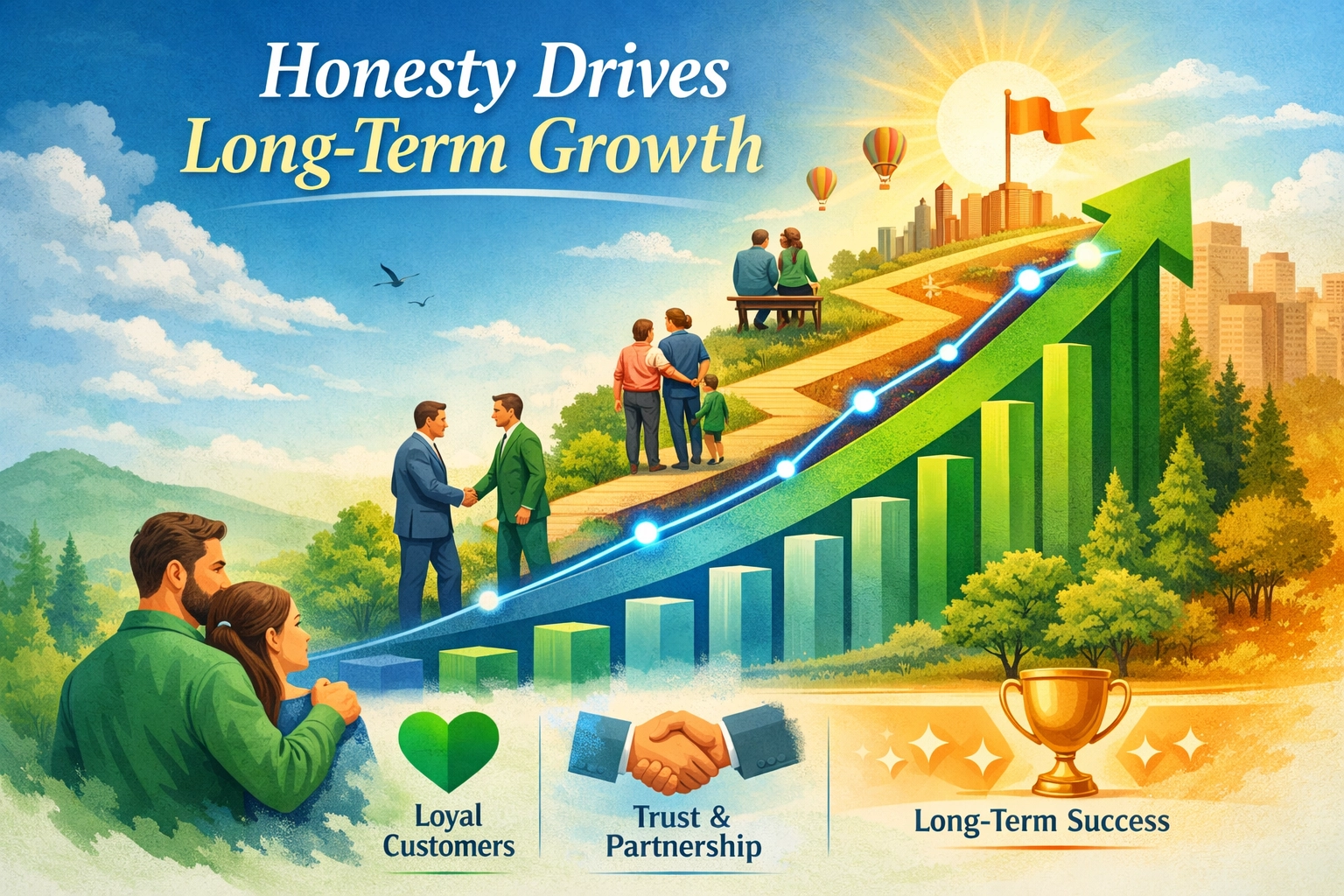 Honestidade Impulsiona o Crescimento a Longo Prazo - Visualização de trajetória de crescimento com gráfico ascendente