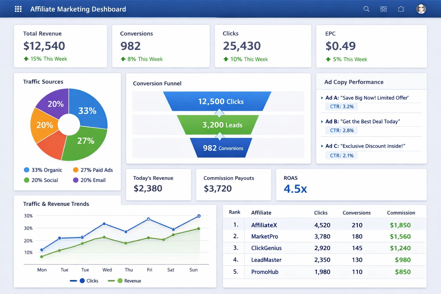 Modern affiliate marketing dashboard with traffic sources, conversions, and revenue metrics
