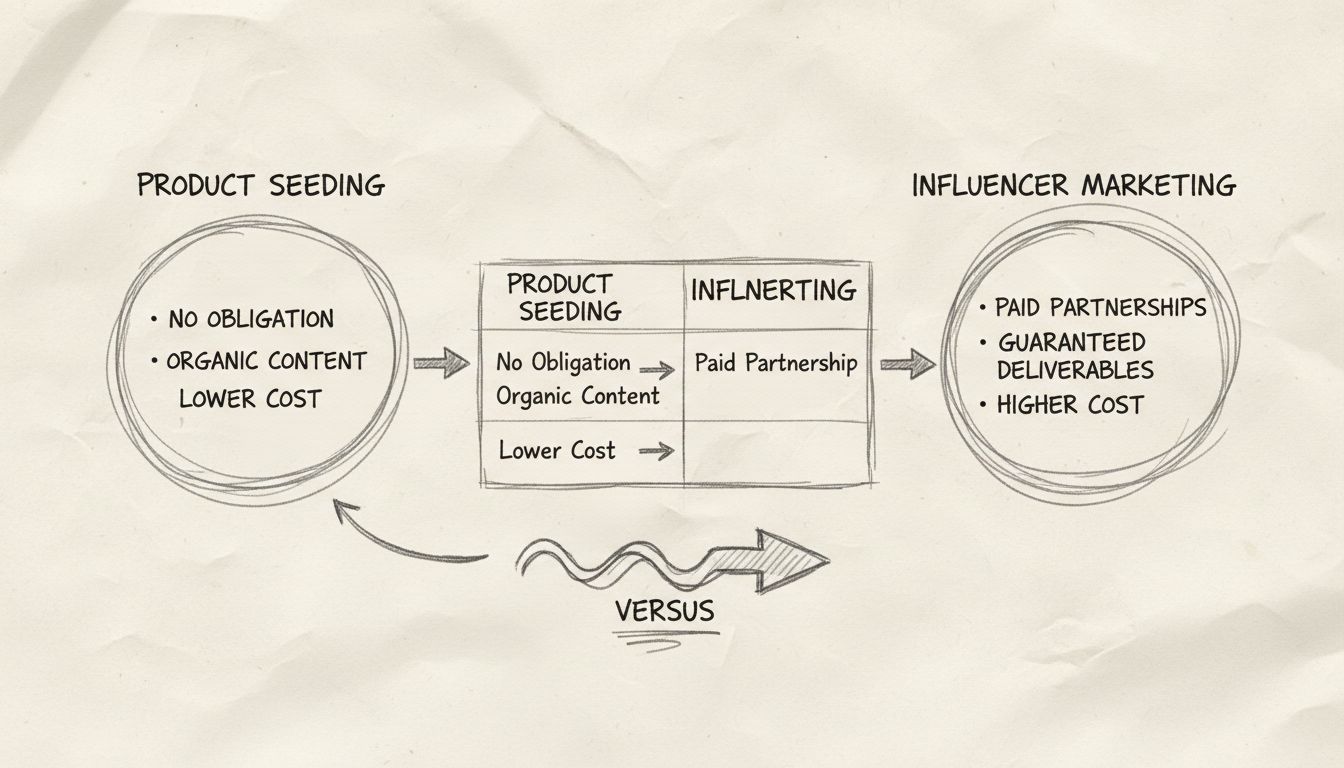 Diagrama comparativo de product seeding vs marketing de influenciadores mostrando as principais diferenças