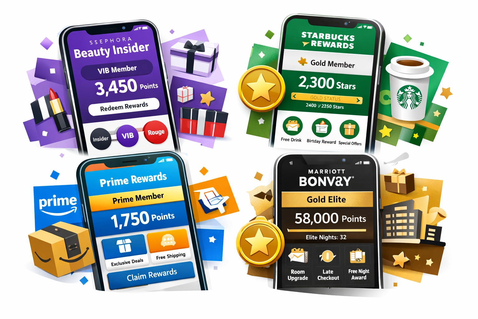 Colagem de logotipos e interfaces de programas de fidelidade famosos incluindo Sephora, Starbucks, Amazon Prime e Marriott