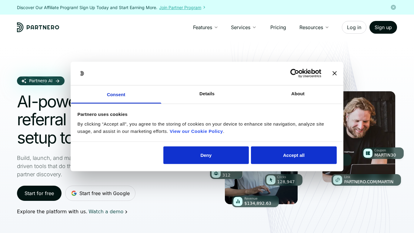 Página inicial da plataforma de gestão de afiliados Partnero