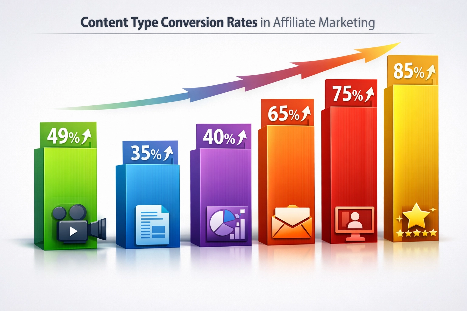 Métricas de performance de tipos de conteúdo mostrando o vídeo com aumento de 49% em conversão