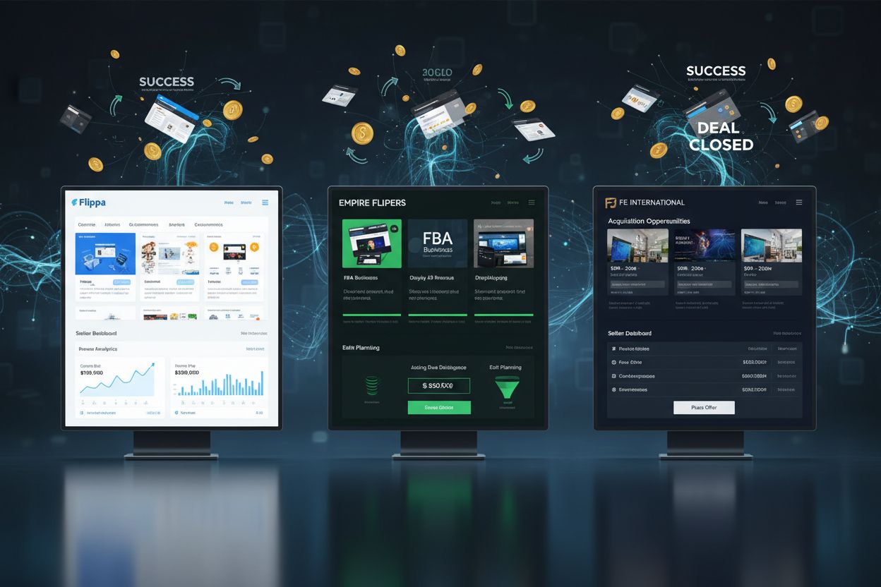 Comparação das plataformas Flippa, Empire Flippers e FE International para venda de sites de afiliados