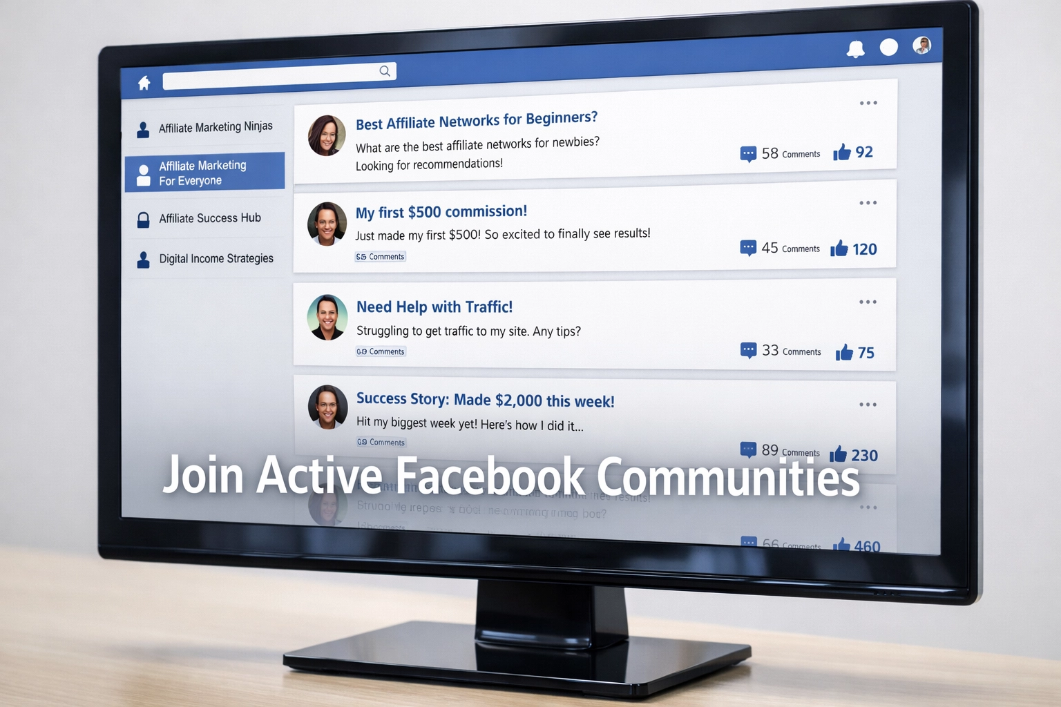 Interface de grupos do Facebook para comunidades de marketing de afiliados