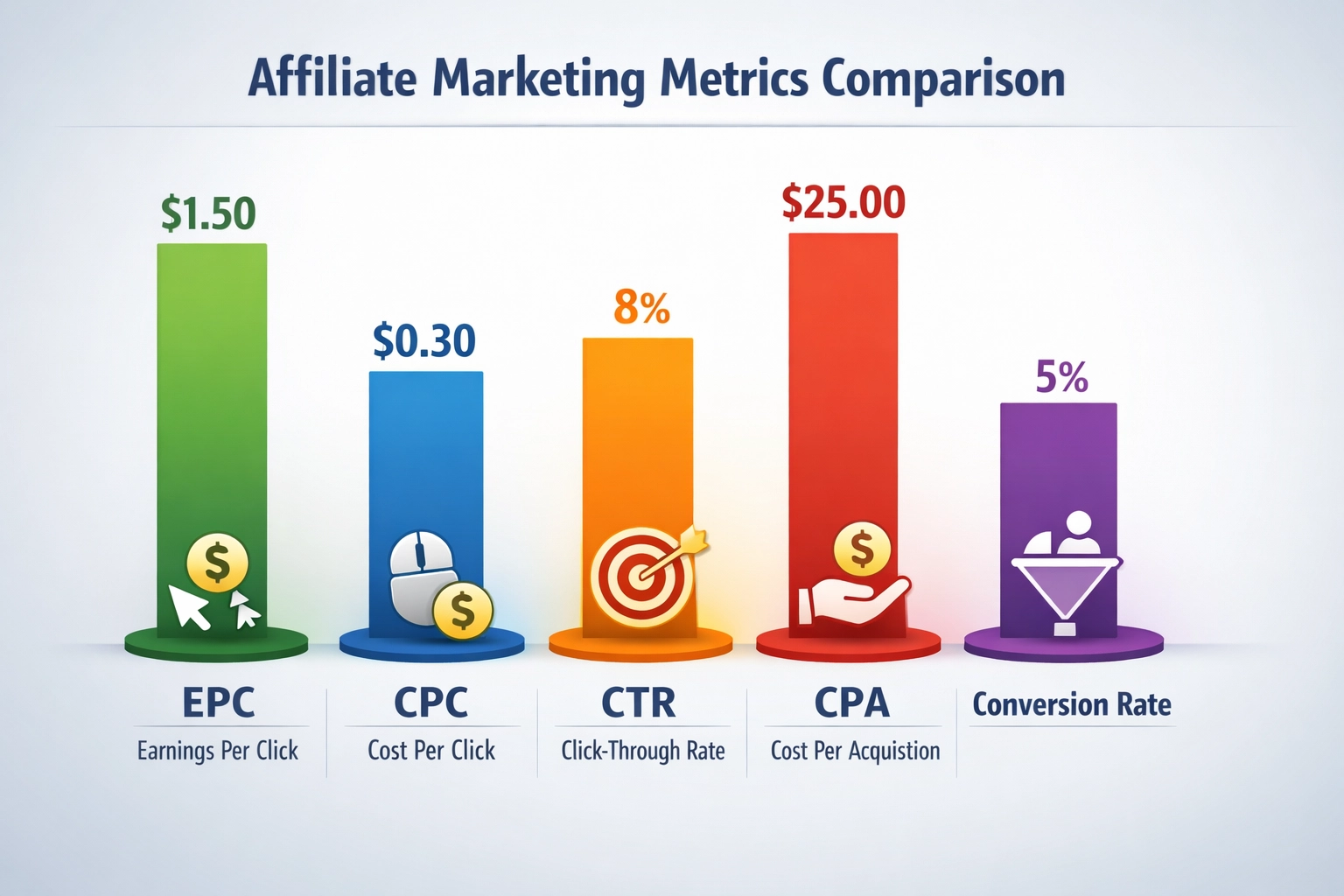 Gráfico comparativo de métricas de marketing de afiliados incluindo EPC, CPC, CTR e CPA