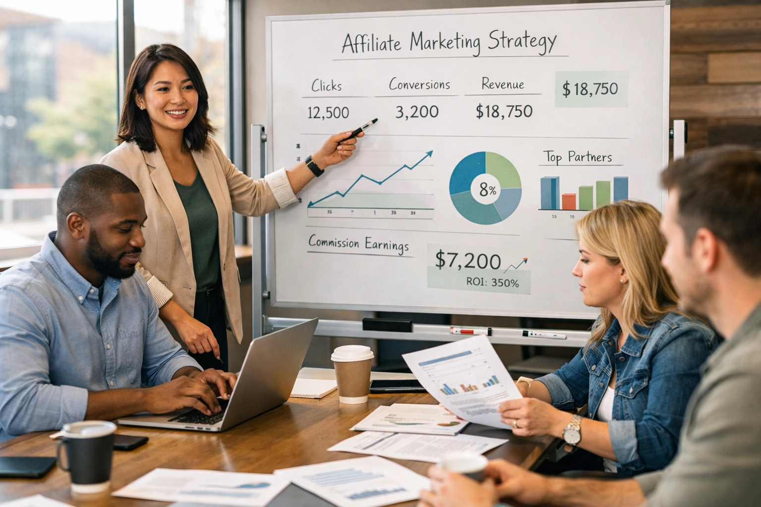 Equipe diversa colaborando em estratégia de marketing de afiliados em sala de conferência moderna