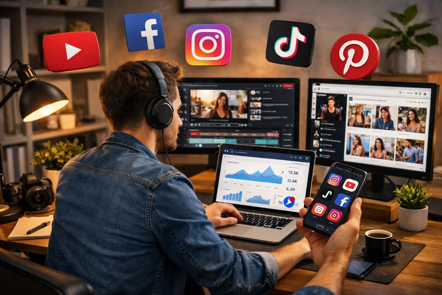 Criador de conteúdo gerenciando múltiplas redes sociais para marketing de afiliados