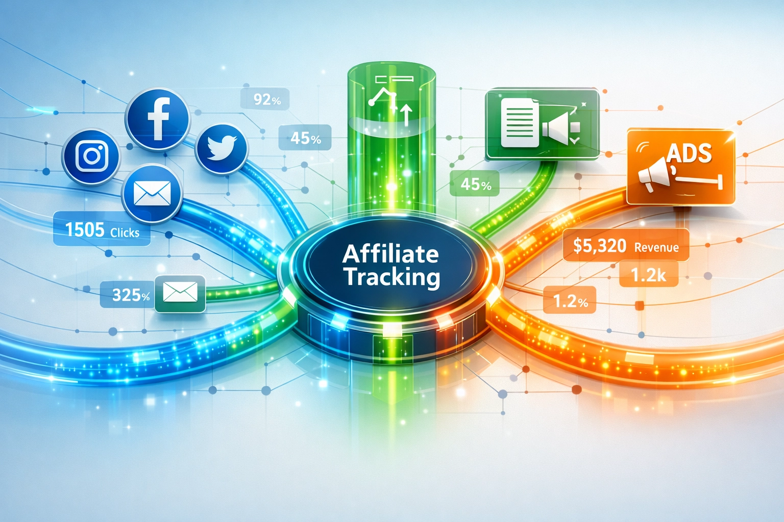 Visualização de rastreamento de links de afiliados mostrando fluxos de dados interconectados
