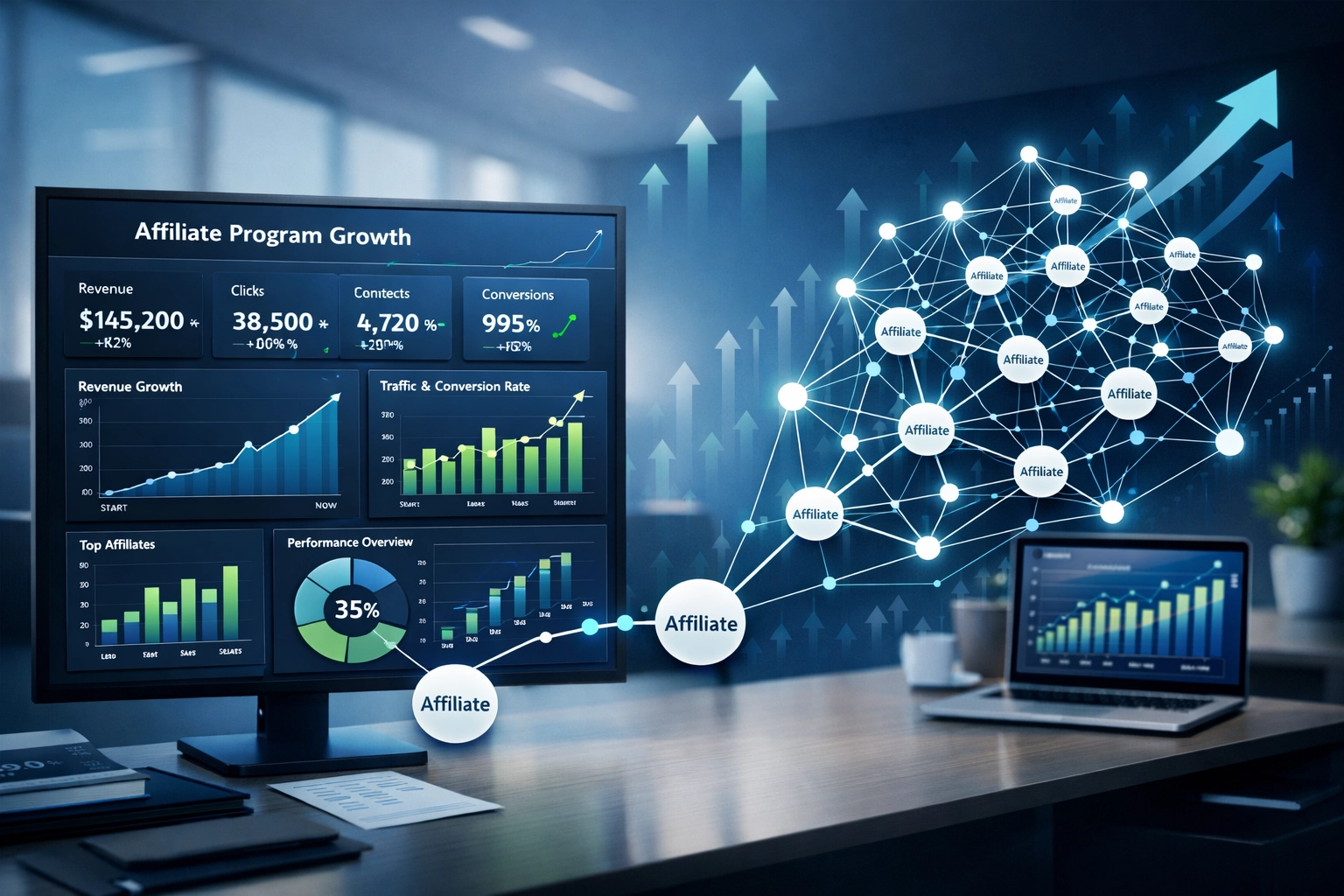 Visualização de crescimento de negócio mostrando expansão e escala do programa de afiliados com painel de analytics