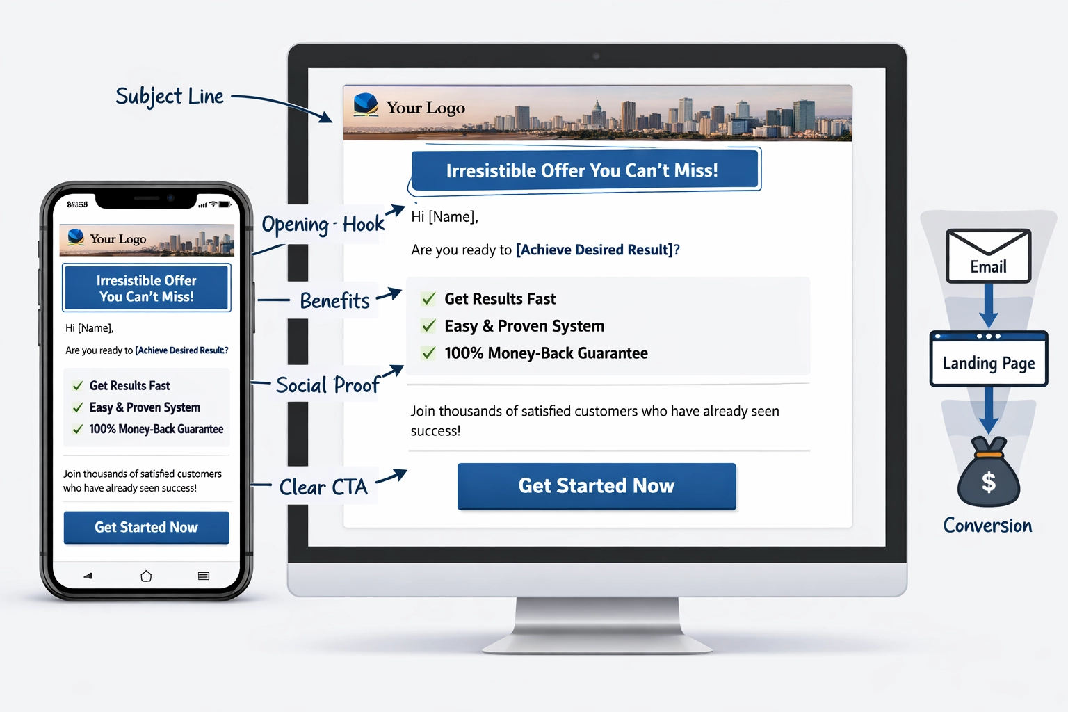Mockup de template de email mostrando boas práticas de copywriting para solo ads