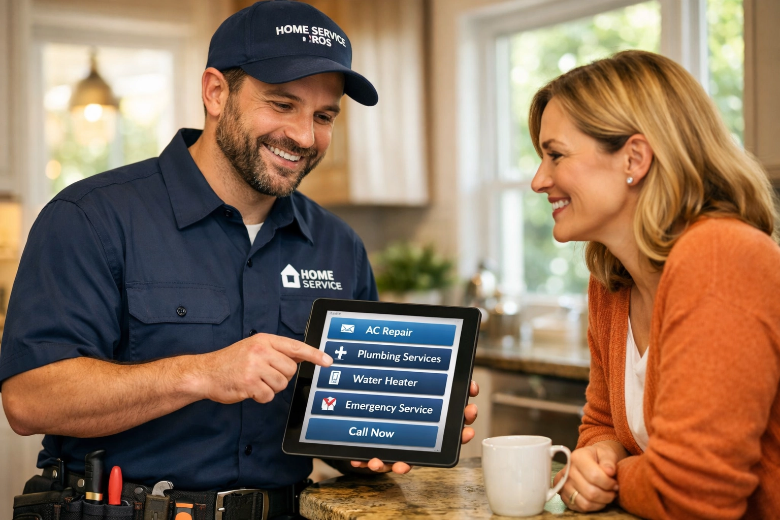 Técnico profissional de serviço residencial atendendo cliente, demonstrando o toque pessoal do modelo pay-per-call