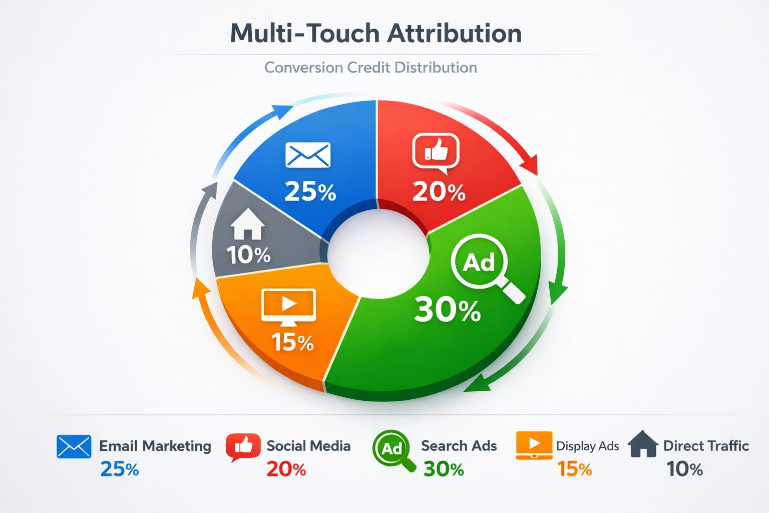 Distribuição de crédito da atribuição multi-touch em diferentes canais de marketing