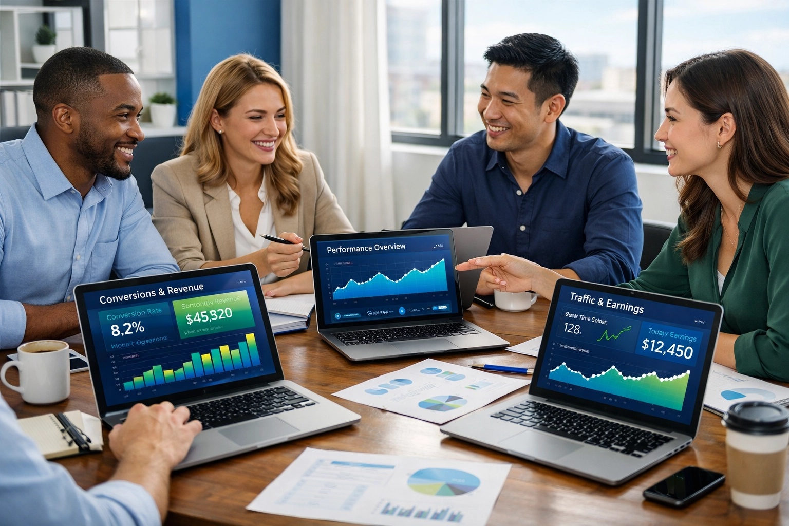 Equipe profissional colaborando em estratégia de marketing de afiliados