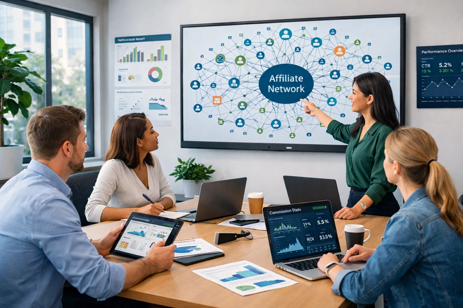 Equipe gerenciando grande rede de afiliados com automação