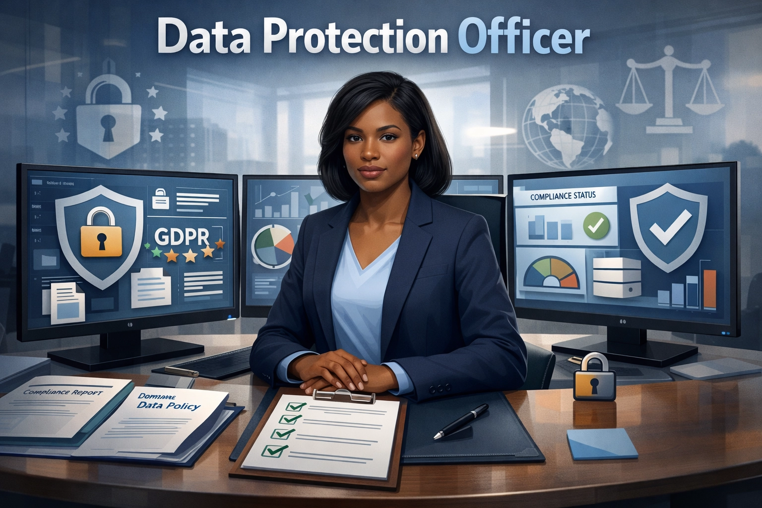 Data Protection Officer monitoring compliance with dashboards and documents