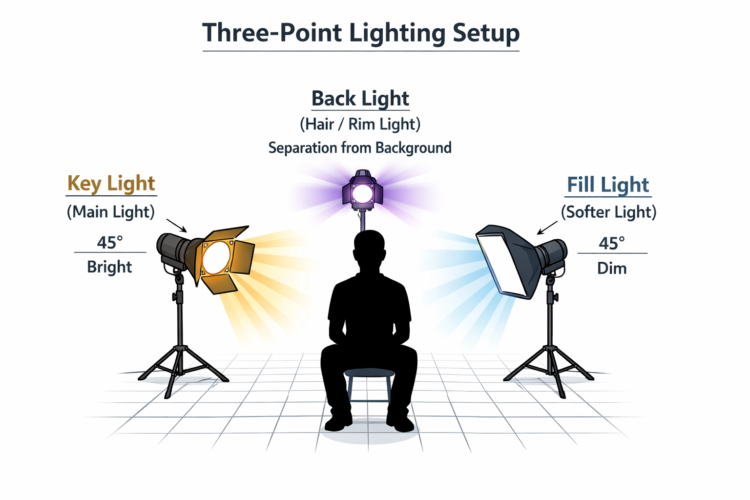 Diagrama de setup de iluminação de três pontos para vídeo mostrando posição da key light, fill light e back light