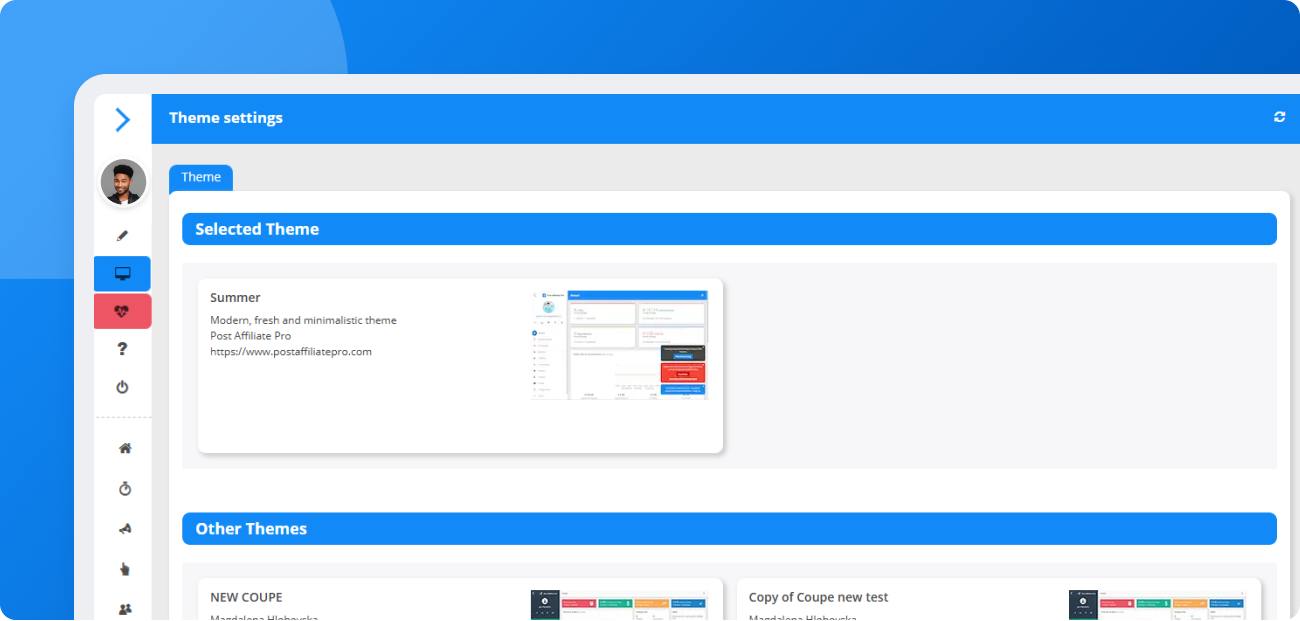 Prévia do Tema de Verão do Post Affiliate Pro aplicado aos painéis de lojistas e afiliados, apresentando um layout azul moderno e elementos de interface renovados