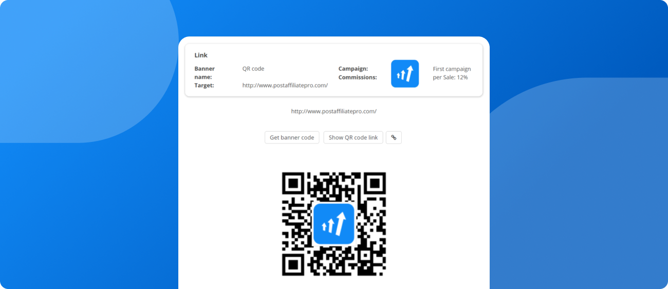 Exemplo de QR code personalizado com logo da campanha integrado, mostrando os recursos de personalização do Post Affiliate Pro
