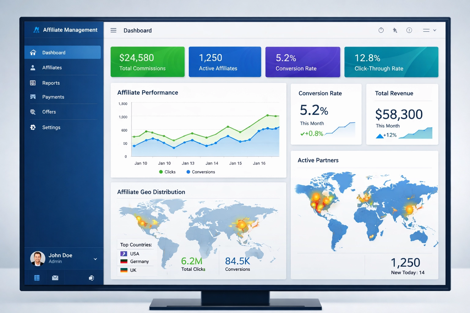 Painel profissional de gestão de afiliados mostrando métricas em tempo real e rastreamento de desempenho