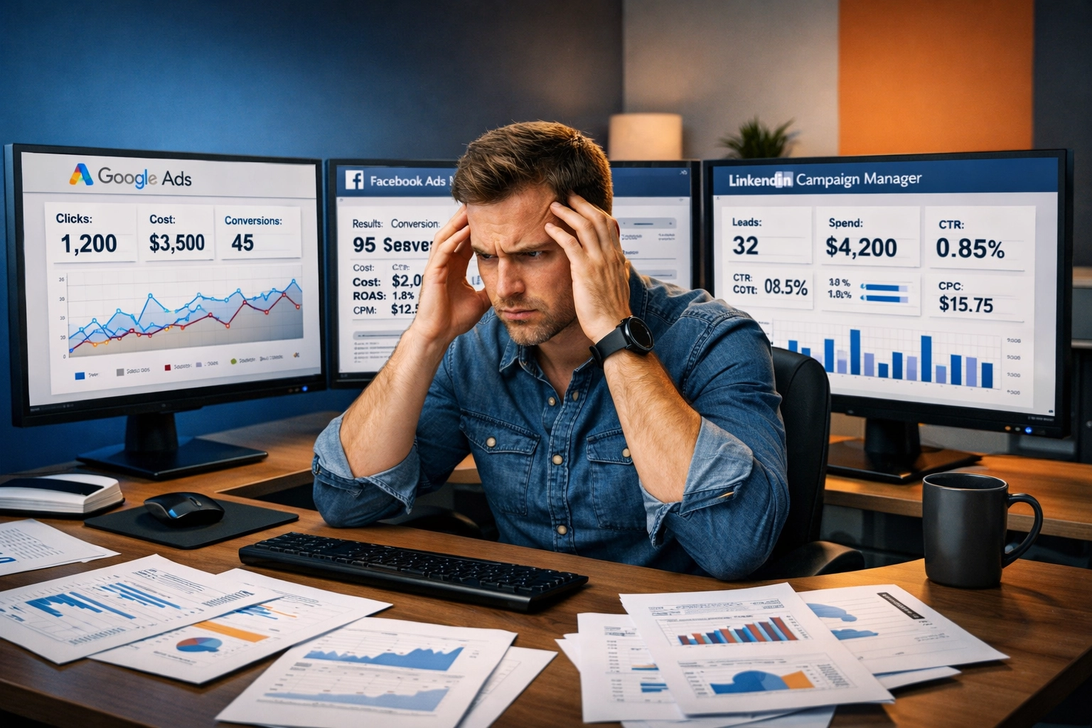 Frustrated marketer at desk with multiple ad platform dashboards showing conflicting metrics