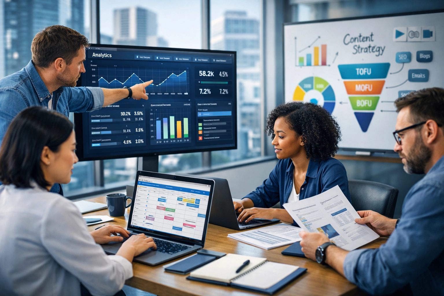 Equipe de marketing de conteúdo SaaS B2B colaborando em escritório moderno com painel de análise