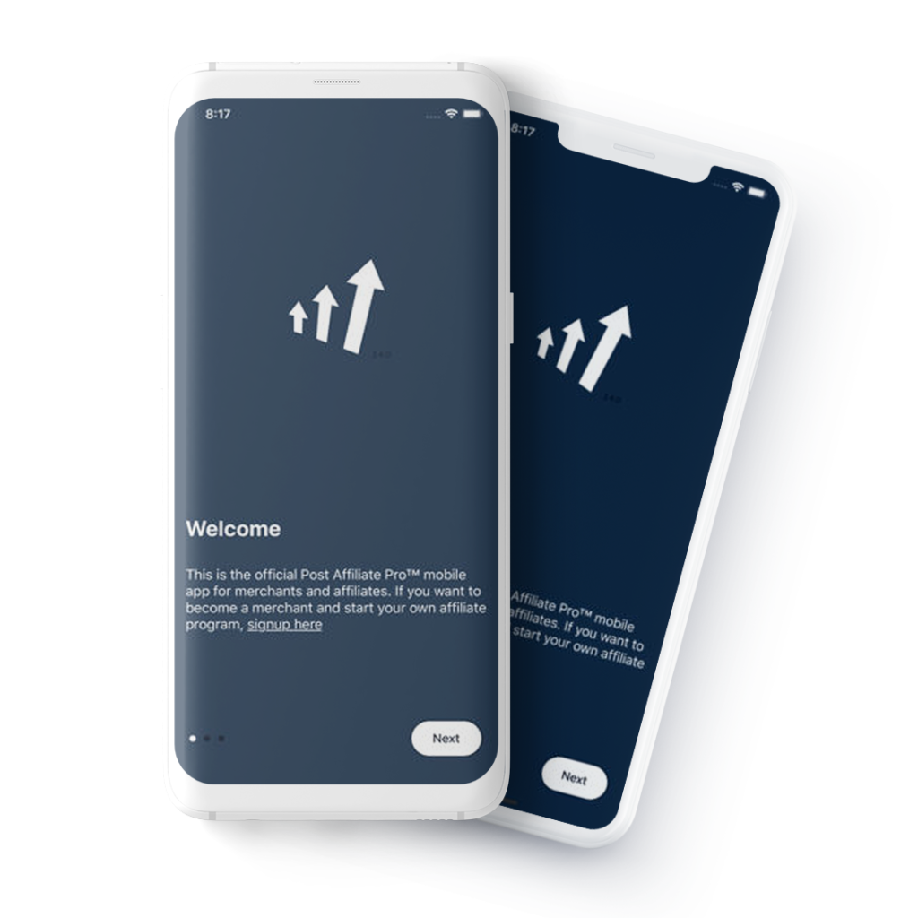 Mockup dos aplicativos móveis do Post Affiliate Pro