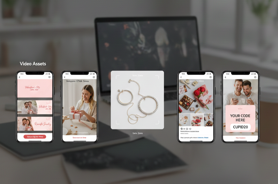 Assets de marketing de afiliados focados em redes sociais exibidos em dispositivos móveis mostrando dimensões de Instagram Stories, TikTok e posts de feed com exemplos criativos do Dia dos Namorados
