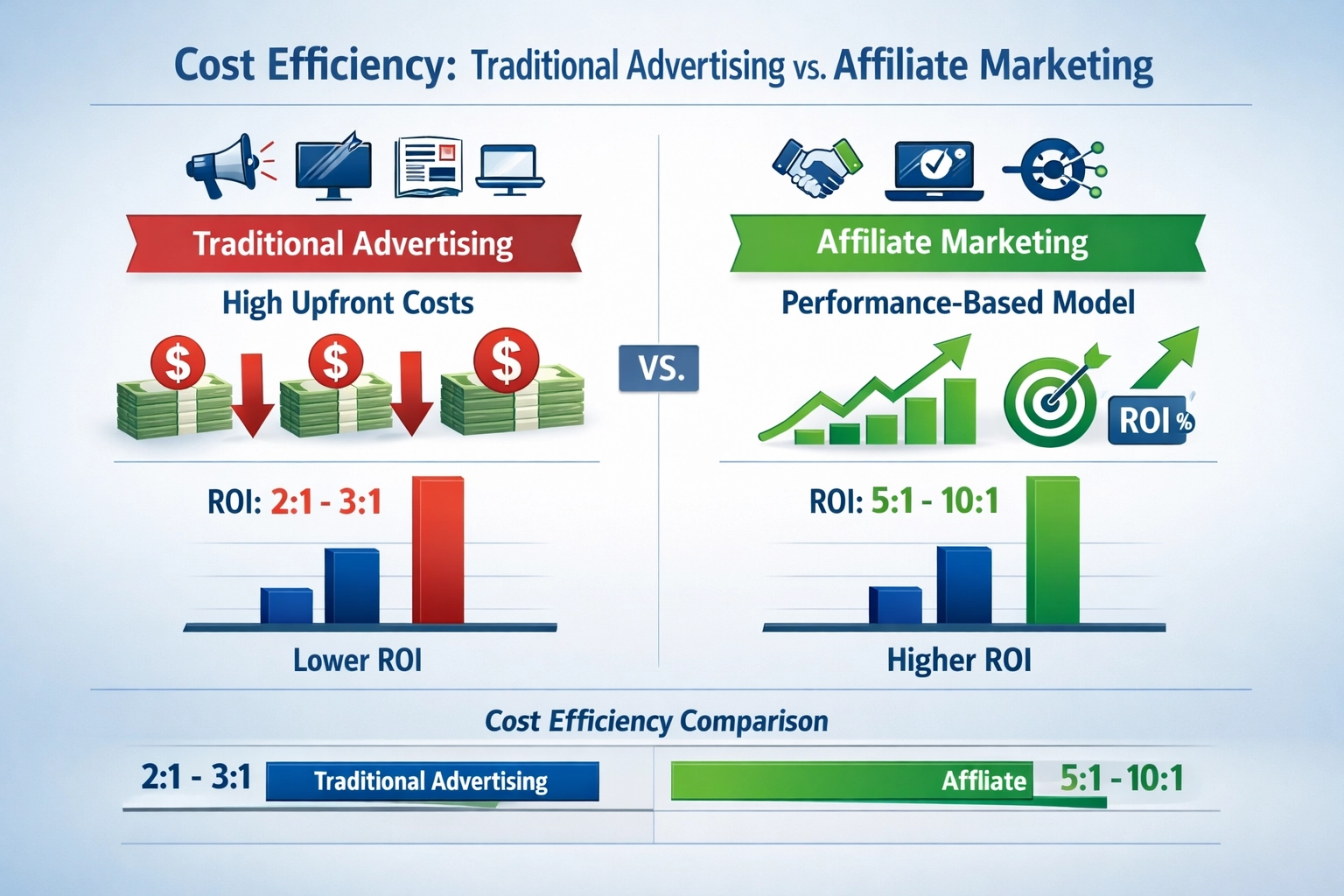 Comparação de custos entre publicidade tradicional e marketing de afiliados mostrando métricas de ROI