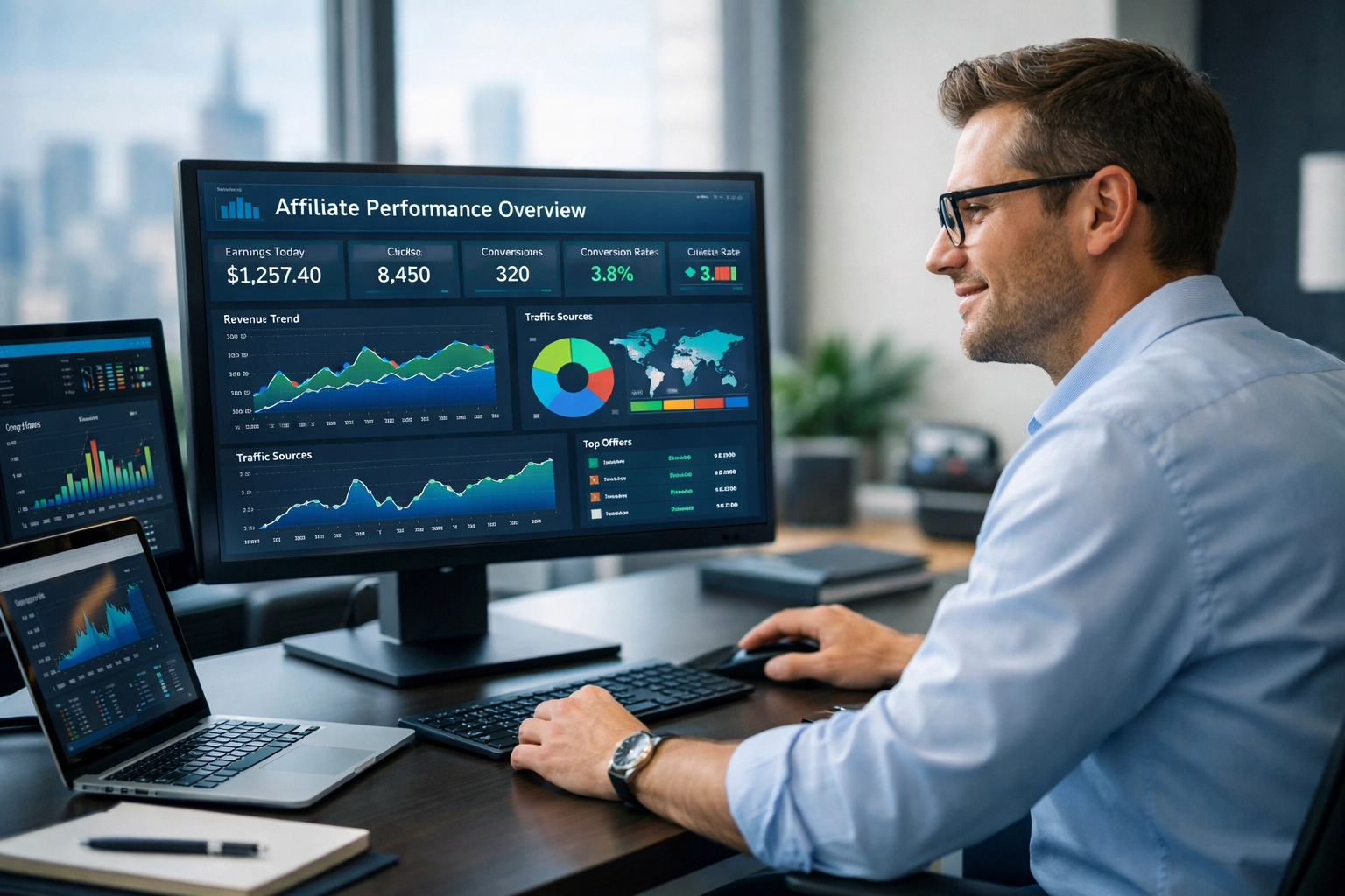 Profissional de marketing de afiliados trabalhando com painel avançado de análises