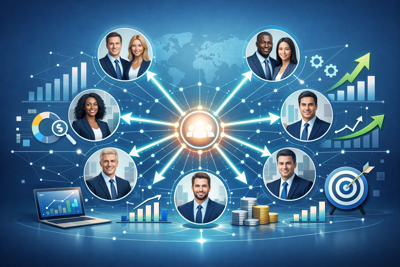 Visualização de rede de marketing de afiliados mostrando parceiros conectados por canais digitais