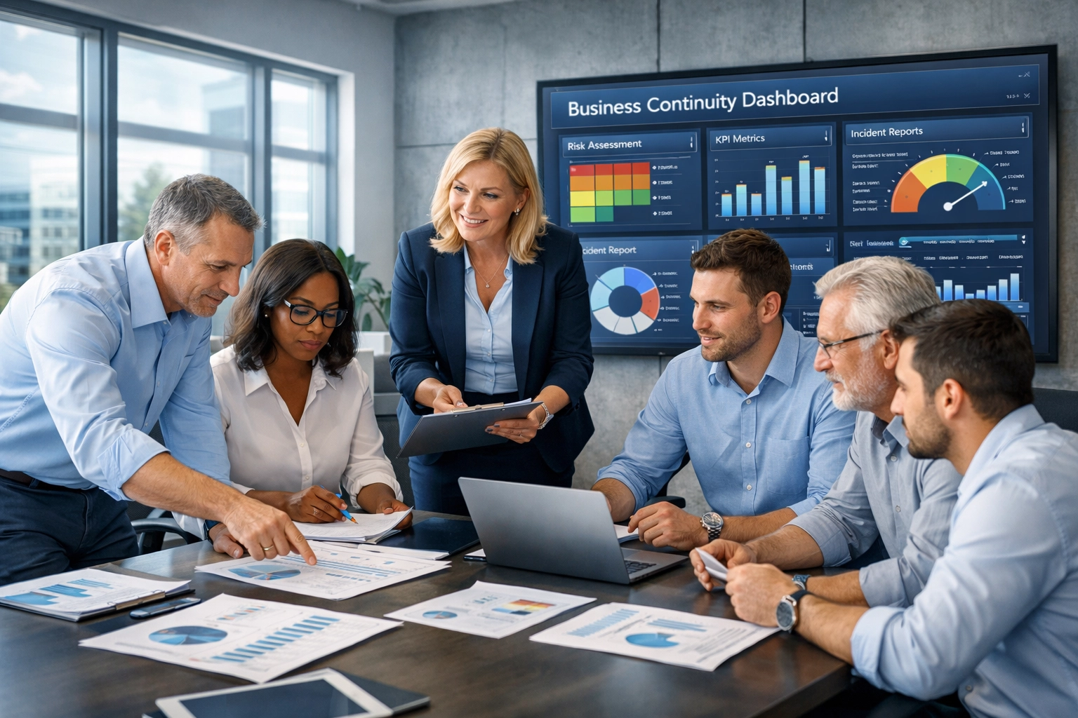 Equipe de negócios colaborando em estratégia de continuidade com painéis digitais