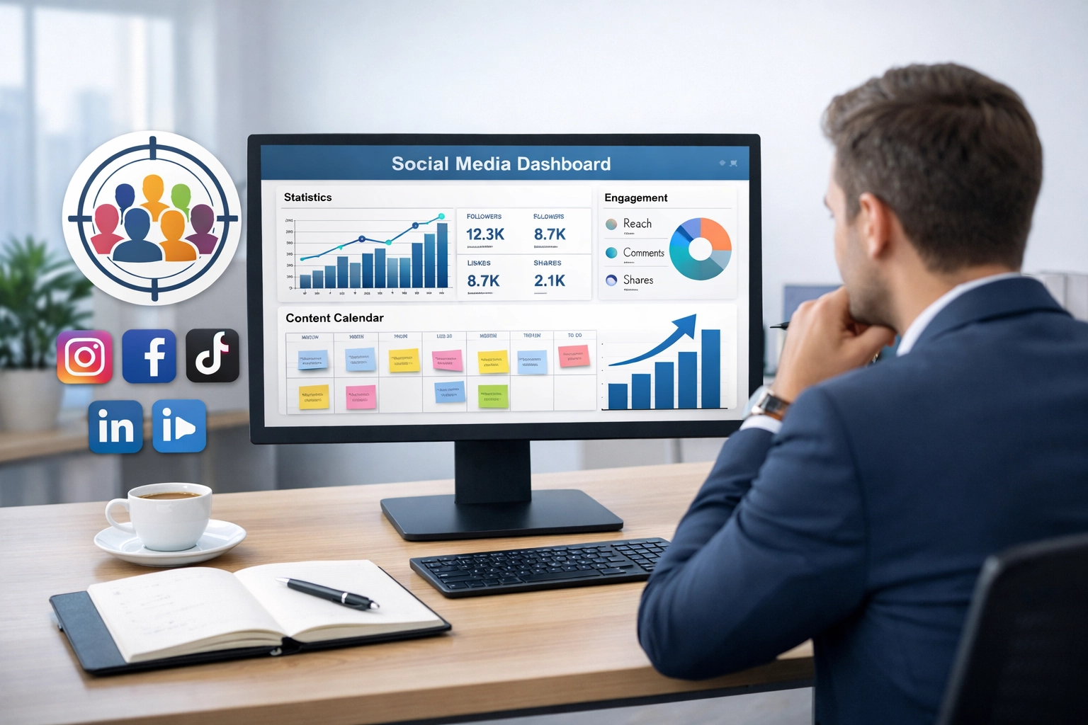 Planejamento de estratégia de mídias sociais com painel de análises e calendário de conteúdo