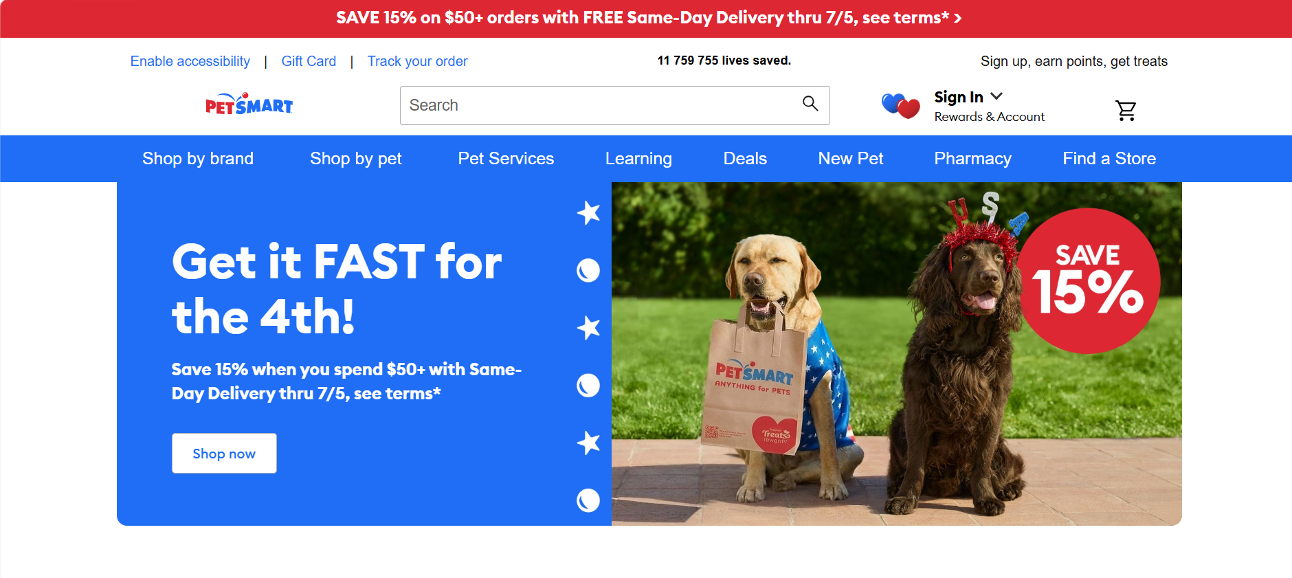 Captura de tela do site da PetSmart