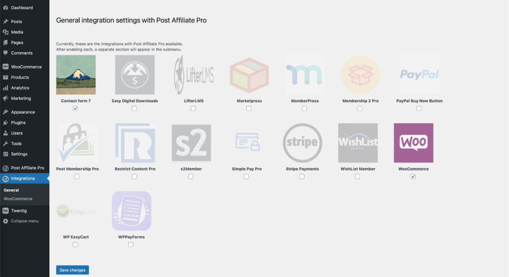 Captura de tela das configurações de integração do plugin de afiliados do Post Affiliate Pro