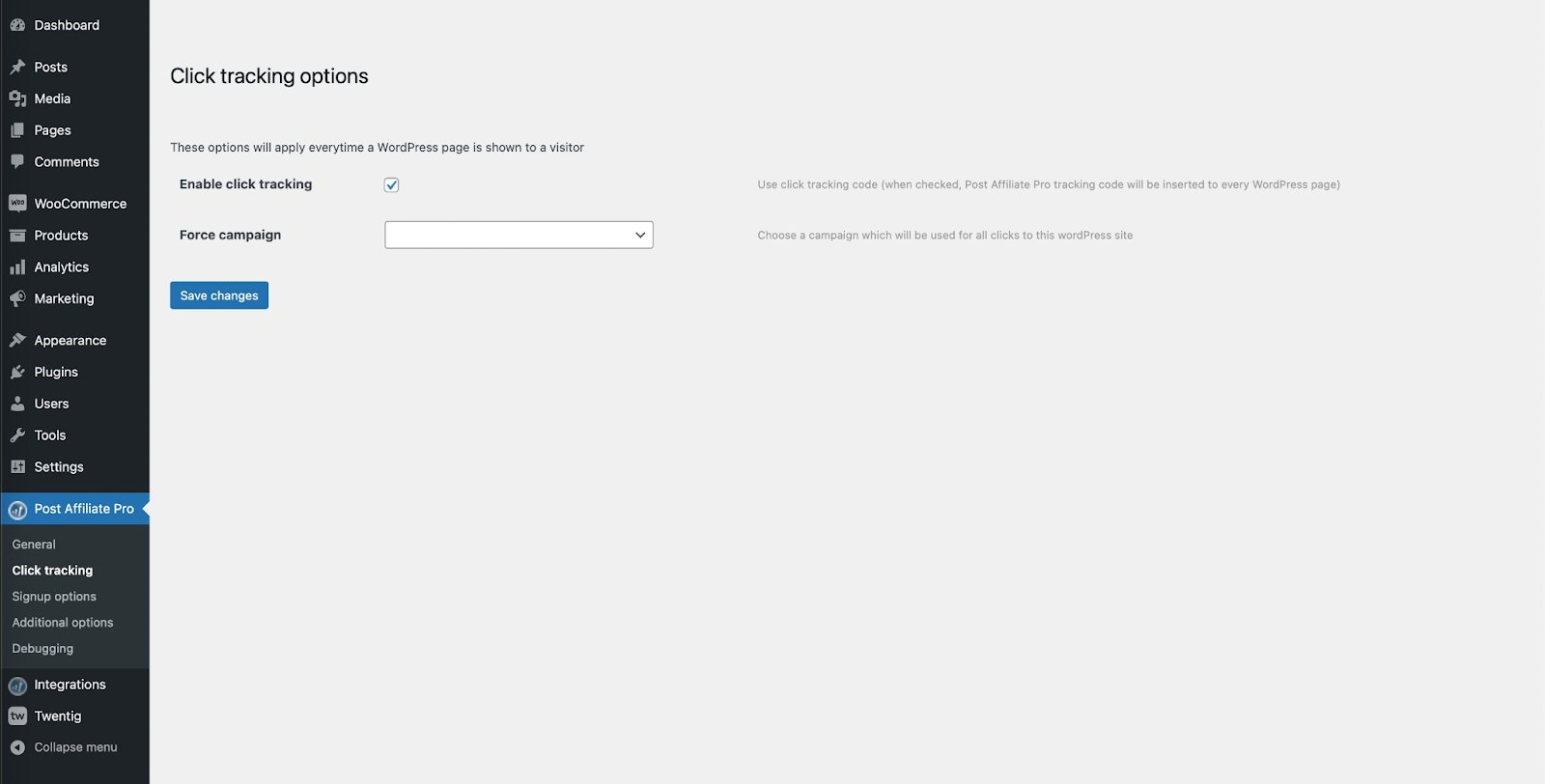 Captura de tela das opções de rastreamento do plugin de afiliados do Post Affiliate Pro